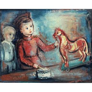 Marc Sterling (1895 Prylouky - 1976) Poland Children With Drums And A Horse On Wheels 