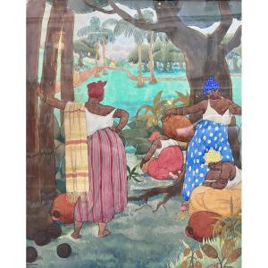José De Andrada (19th - 20th Century) Brazil Brazilian Women With Jugs 