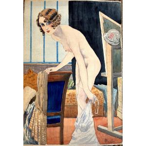 French School Model In The Artist's Studio, Watercolor On Thin Cardboard