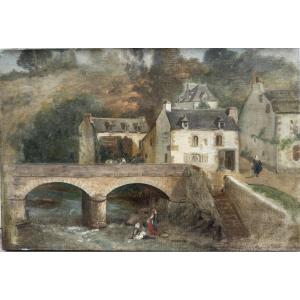 19th Century French School "the Quimperlé Bridge" 