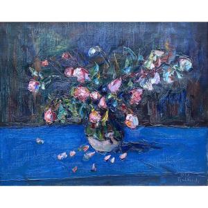 Vladimir De Terlikowski (poraj 1873 - Paris 1951) Poland Bouquet Of Roses On A Blue Background
