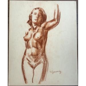 Samuel Granovsky (ekaterinoslav 1889 - Auschwitz 1942) Ukrainian Standing Nude Red Chalk On Paper