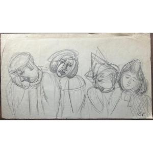 Esther Carp (skierniewice 1897 - Créteil 1970) Human Frieze Pencil On Paper