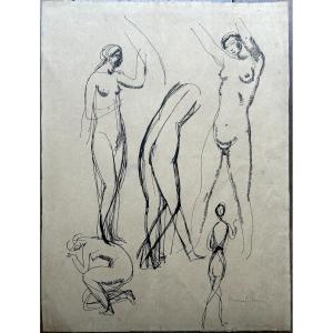 Jules Oury Dit Marcel-lenoir (montauban 1872 - Montricoux 1931) Studies, Female Nude Ink