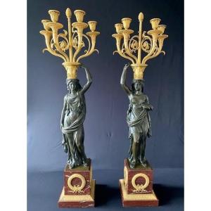 Pair Of Candelabra In Patinated And Gilded Bronze, Griotte, Consulate Period