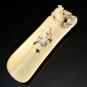 Meiji "chasaji" Tea Measure Carved Dormouse And Pomegranate, Shibayama, 19th Century 