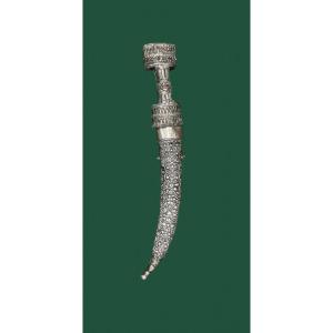 Khanjar With Wootz Damascus Blade, Mughal Style Silver Mounting And Scabbard