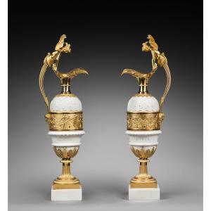 Pair Of Empire Ewers In Finely Chased And Gilded Bronze And White Carrara Marble