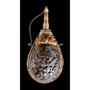 Large Hunting Powder Flask With Medieval And Mythological Iconography