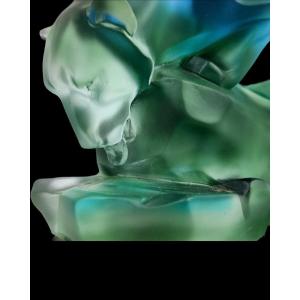 Panther Drinking – Glass Paste Sculpture Signed Bc Zheng, 20th Century