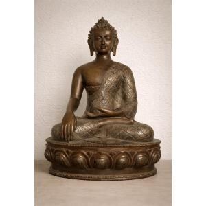 Bronze Buddha Adorned With Silver, Consecrated, Ye Dharmā Hetu Prabhavā, Laos, 19th Century