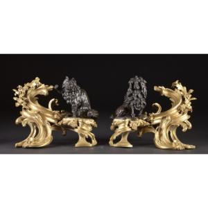 Important Pair Of Gilt And Patinated Bronze Andirons, Maison Beurdeley, Paris, Circa 1860–1870