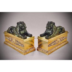Pair Of Andirons With Lionesses