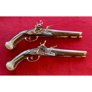 Michele Battista Pair Of Flintlock Pistols With Coat Of Arms, Royal Manufactory Of Naples Second Half
