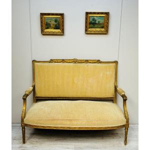 banquette Louis XVI en bois doré d’époque napoléon III