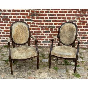 Paire De Fauteuils Estampillés Girardau Jme D’époque Louis XVI