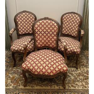 Set Of Three Louis XV Period Armchairs In Walnut 