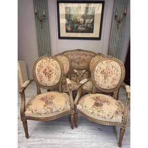 Louis XVI Living Room Furniture In Gilded Wood From The 19th Century 