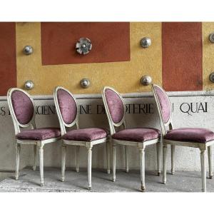 Set Of Four Louis XVI Style Lacquered Wood Chairs With Medallions 