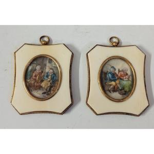2 miniatures En Pendants Scène De Genre D Intérieur
