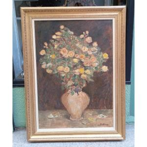 Pierre Brune Large Oil On Canvas Large Bouquet Of Flowers