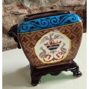 Small Old Man Earthenware Cache Pot In Bordeaux