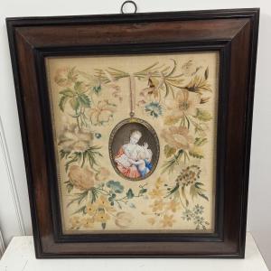 Miniature Religieuse XVIII Peinture Sur Velin encadrement en palissandre :"lecture du credo "