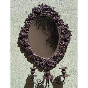 Wall Lamp - Napoleon III Period Mirror Stamped Brass Blackened Patina Oval Shape