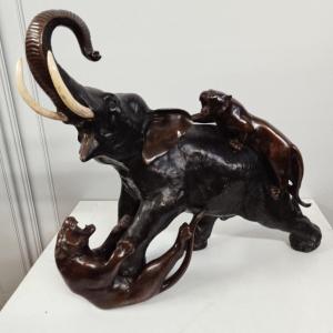 Japanese Bronze: Elephant Attacked By Two Tigers XX Period