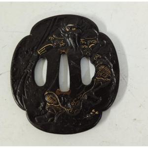 Gold And Silver Damascus Iron Tsuba Edo Period (1683-1868)