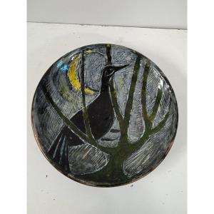 Geneviève Duboul (1913-2007) Ceramic Plate XX "bird Connected Under The Moon"