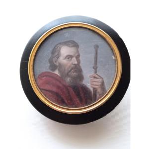 Round Box Decorated With A Painting On Zinc: Saint Paul 19th Century