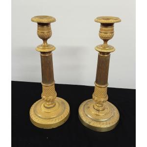 Pair Of Empire Gilt Bronze Candlesticks, Early 19th Century