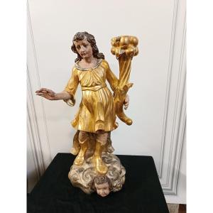 Angel Light-bearer Polychrome Wood, Gilded And Silvered Period XVIII