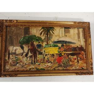 Painting "market Scene", Oil On Canvas Mounted On Cardboard, 20th Century