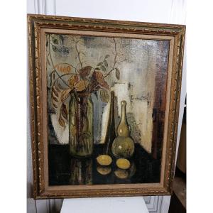 Ostria José (1924 2013) Still Life "bottles And Lemons" Oil On Canvas