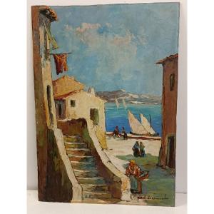 Oil On Cardboard "seascape Of The South"