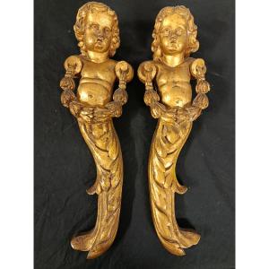 Pair Of Gilded Wooden Caryatids, 19th Century, 18th-century Style