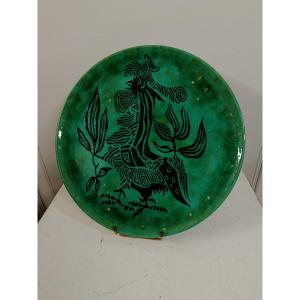 Jean Lurçat ( 1888 1960 ) Round Dish Decorated With Black Rooster On Green Background