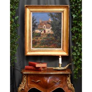 Charles Louis Signoret (1867- 1932), Thatched Cottage And Animated Garden, Oil On Framed Canvas