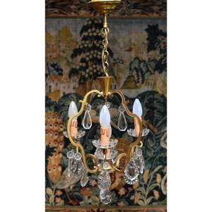 Cage Chandelier In Golden Brass And Crystal Pendants, Chandelier With Pendants, Four Lights, XX Eme