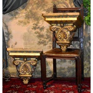 Pair Of Large Renaissance Style Wall Consoles In Polychrome Plaster, Statue Supports