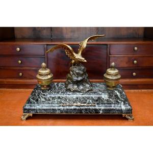 Large Inkwell In Bronze And Marble, Eagle With Spread Wings, Signed A Marionnet (1852-1910)