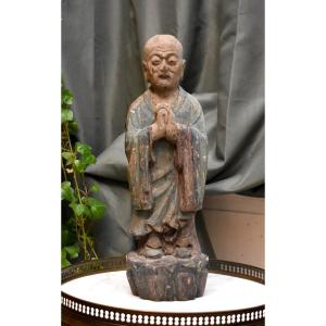 Monk In Prayer Or Meditation, Polychromed Wooden Statue, Asia, Circa 1900