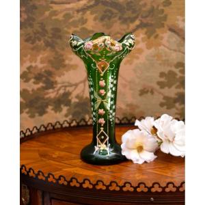 Enameled Blown Glass Vase, Hand Painted Floral Decor, Circa 1900