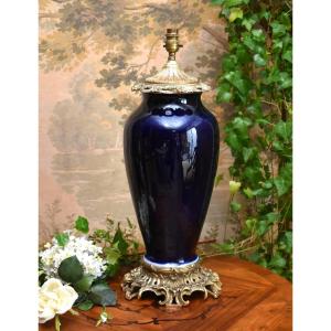 Large Porcelain Lamp Base In Blue Kiln With Iridescent Reflections, Gilt Bronze Frame, 19th Century