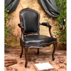 Louis XV Period Cabriolet Armchair, Black Leather, 18th Century