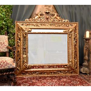 Horizontal And Rectangular Mirror With Glazing Beads In Gilded Wood, Lion Decor, 19th Century