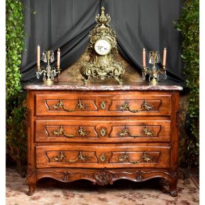 Louis XV Period Curved Chest Of Drawers, Mid-18th Century, Walnut And Marble