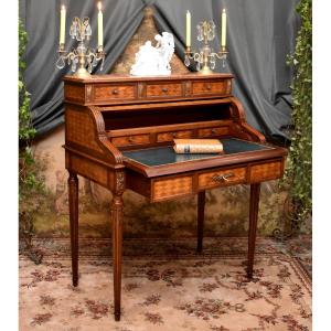 Bastet House In Lyon (1864-1935), Ladies' Desk With System, Inlaid Secretary, Cylinder